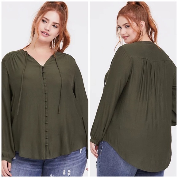 TORRID Olive Green Tie Neck Boho Button Down Blouse - Picture 1 of 15